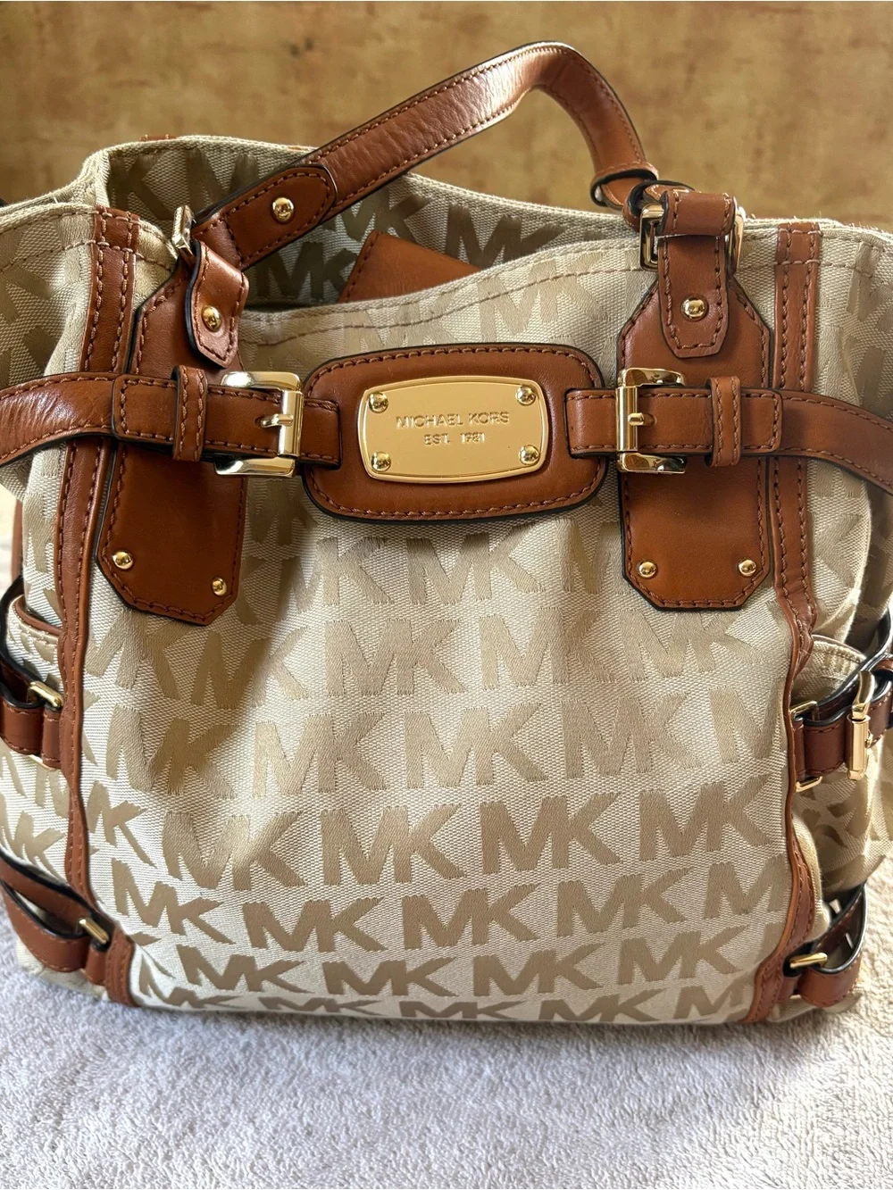 Michael Kors Cream and Tan Signature MK Logo Tote with Gold Plaque Gansevoort